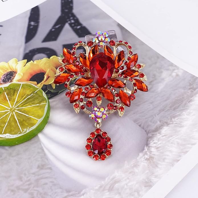 LAXPICOL Wedding Bridal Big Brown Crystal Rhinestone Bouquet Brooch Pin for Women Golden Tone