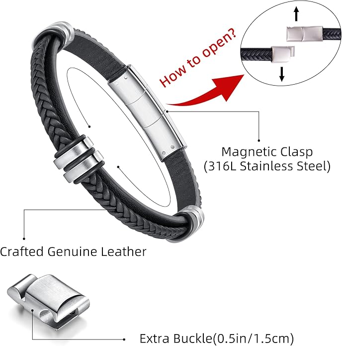 Leather Bracelet for Men with Adjustable Stainless Steel Magnetic Clasp Multi-Layer Braided Mens Leather Bracelet
