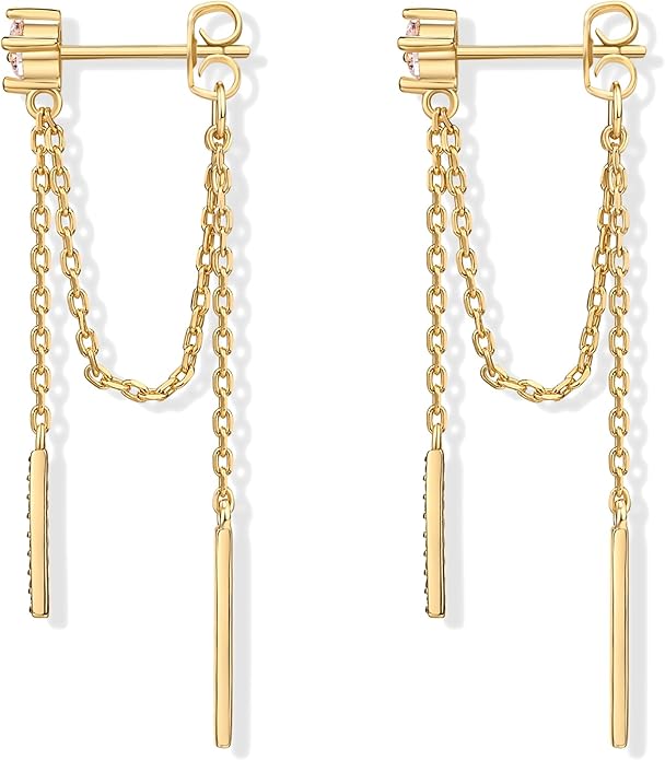 PAVOI 18K Gold Plated Sterling Silver Posts Drop Dangle Chain Earrings for Women | Dangling Chain Studs | Cubic Zirconia Ball Threader Earscapes Earrings