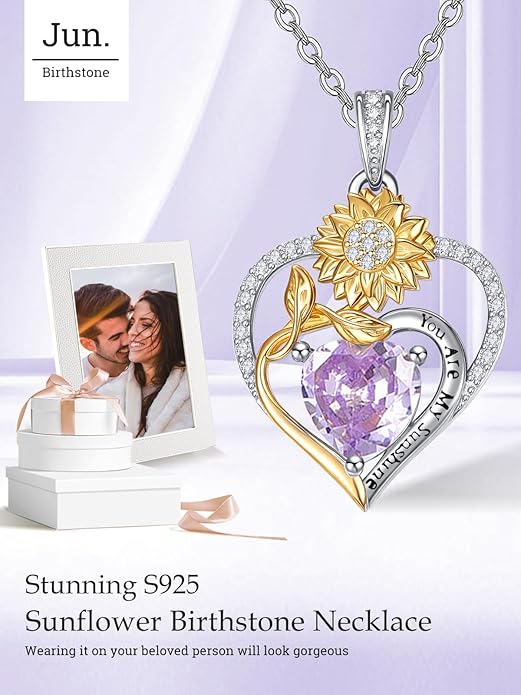 Zeuslia Double Birthstone Necklace Gifts for Wife - 925 Sterling Silver Sunflower/Rose/Crown Cross/Compass/Heart Pendant I Love You Necklace, Anniversary Birthday Gifts for Wife Girlfriend Mom Her