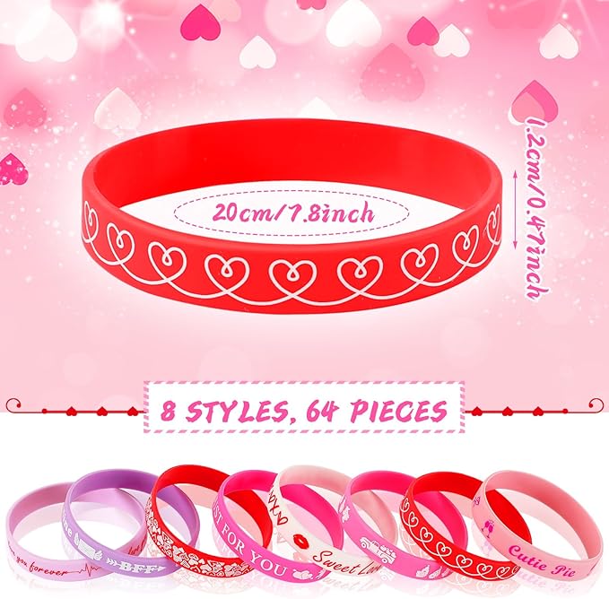 JUNEBRUSHS 64Pcs Valentine's Day Party Favors Silicone Bracelets Pink Red Love Heart Rubber Wristbands Accessories for Adults Valentine's Day Wedding Party Decorations Gift (8 Designs)