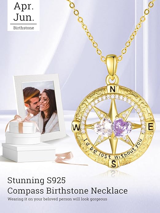 Zeuslia Double Birthstone Necklace Gifts for Wife - 925 Sterling Silver Sunflower/Rose/Crown Cross/Compass/Heart Pendant I Love You Necklace, Anniversary Birthday Gifts for Wife Girlfriend Mom Her