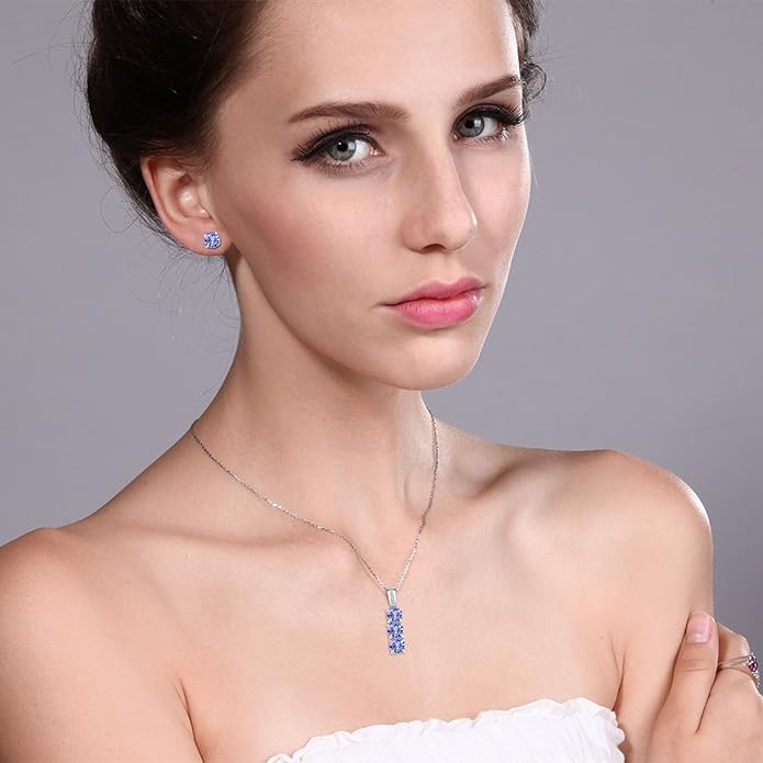 Gem Stone King 925 Sterling Silver 5MM Gemstone Birthstone and White Diamond 3-Stone Pendant and Earrings Jewelry Set For Women | With 18 Inch Chain