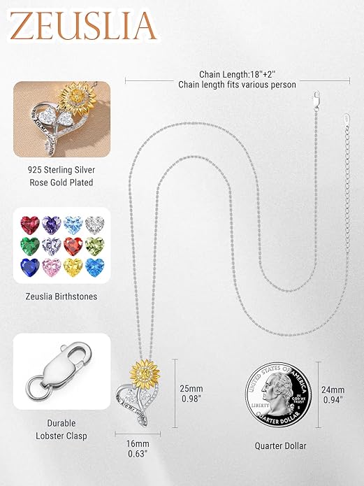 Zeuslia Double Birthstone Necklace Gifts for Wife - 925 Sterling Silver Sunflower/Rose/Crown Cross/Compass/Heart Pendant I Love You Necklace, Anniversary Birthday Gifts for Wife Girlfriend Mom Her