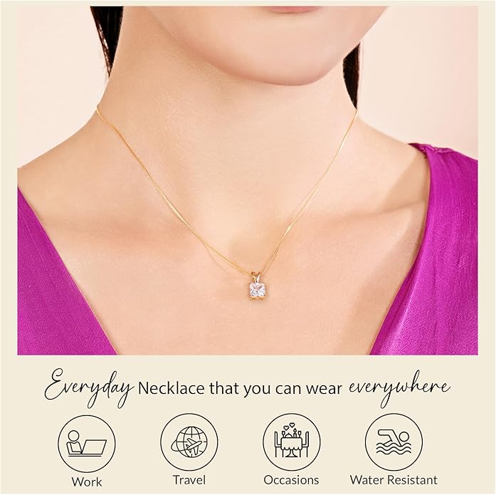 Everyday Elegance Solid 14K Gold Cubic Zirconia Solitaire Pendant Necklace for Women Heart, Princess, Round, Oval, Emerald, Pear & Cushion Cut 1 or 2 CTW | .60mm Thick 16" 18" Length Box Link Chain