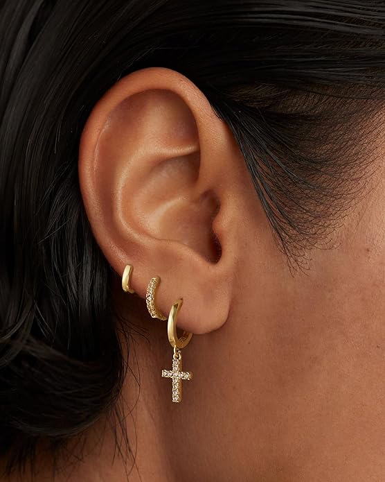 Gold Hoop Earrings Set for Women Trendy, 14K Gold Plated Chunky Hypoallergenic Small Diamond Cartilage Hoops Cute Cubic Zirconia Dangle Stud Earrings Jewelry Gifts