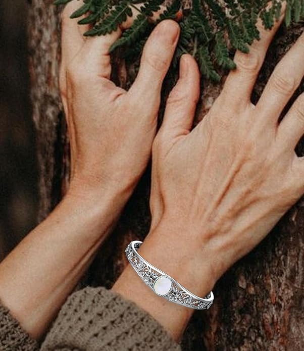 Genuine Turquoise Vintage Flower Bracelet Bangle, Sterling Silver Boho Adjustable Bangle Cuff Native American Jewelry for Women, Fit for 6.5 7 7.5 Inches