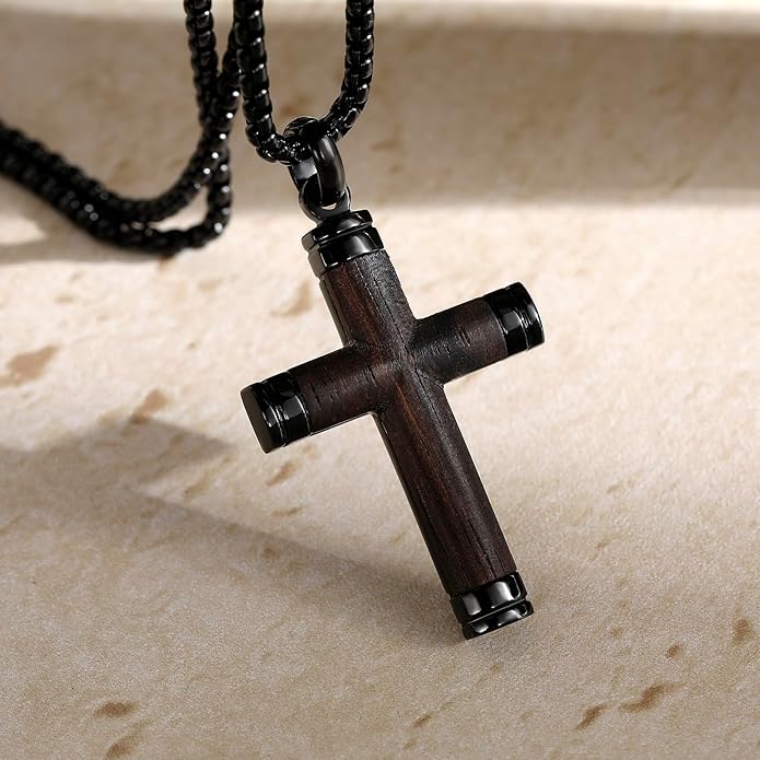 GTMJ Cross Necklace for Men -Stainless Steel & Wood Adjustable Box Chain 24-26in, Spiritual Jewelry Gift for Him, Everyday Wear
