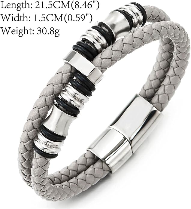 COOLSTEELANDBEYOND Mens Double-Row Braided Leather Bracelet Bangle Wristband with Stainless Steel Ornaments