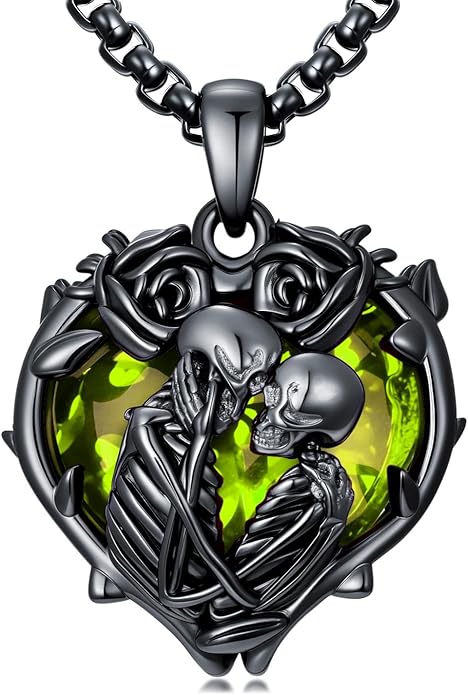 Flpruy 925 Sterling Silver Black Gothic Jewelry Gifts Skeleton Couple Pendant Crystal Birthstone Heart Necklace Punk Romantic Jewelry for Lover Men Women