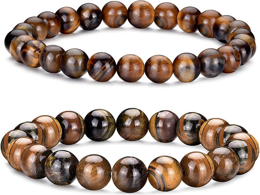 RANKEEF Mens Bead Bracelet Set - Adjustable Elastic Rope With 6&8MM Natural Stone Multi-Colored Beads - Tiger Eye Bracelets for Men - Gift