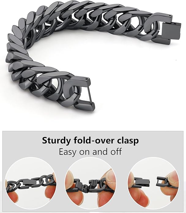 8/12/17mm Wide Cuban Link Bracelet for Men Father Gift 18K Gold/Black Plated Stainless Steel Bracelets 7.4-9 Inches(Gift Wrapped)