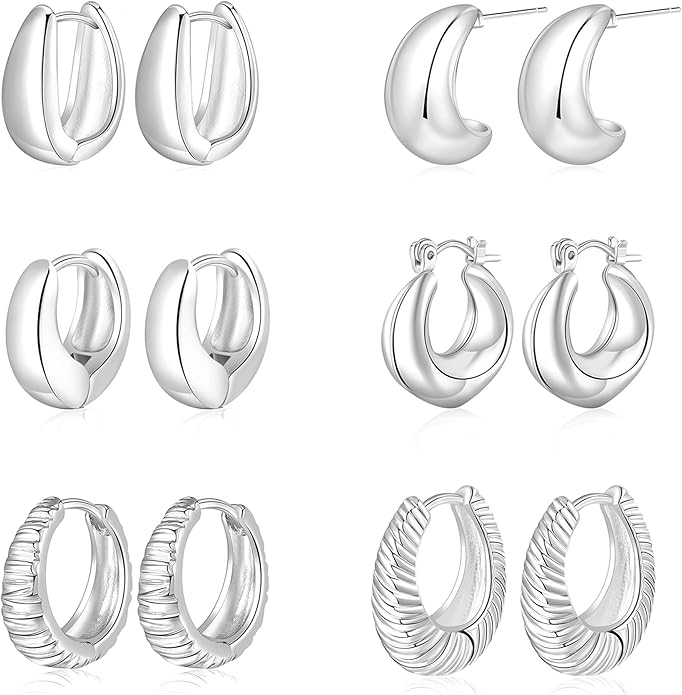 6 Pairs Gold Hoop Earrings for Women, 14K Gold Plated Lightweight Chunky Hoop Earrings Set Hypoallergenic, Thick Open Huggie Hoops Earrings Jewelry for Gifts.