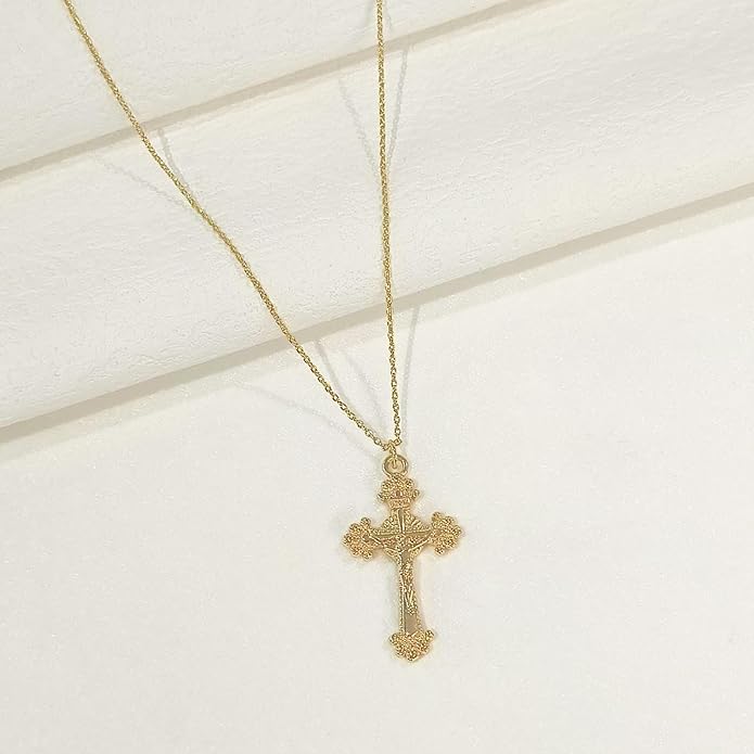 Partm Gold Cross Necklace for Women 14K Plated Dainty Pendant Cross Chain Faith Crucifix Choker Baptism Necklace for Women Trendy Religious Jewelry Hypoallergenic