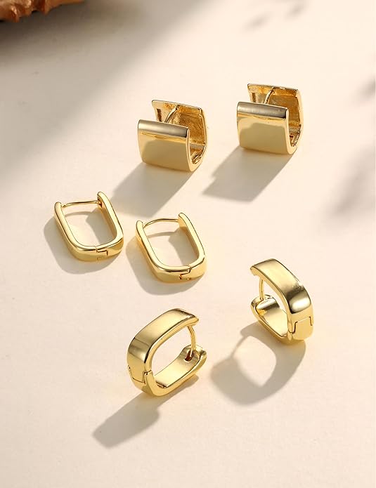 Florideco 3Pairs Chunky Gold Earrings Set 14K Gold Plated Hoop Earrings for Women Trendy Small Thick Huggie Hoops Earring Lightweight Silver Hoop Earring Sets for Multiple Piercing