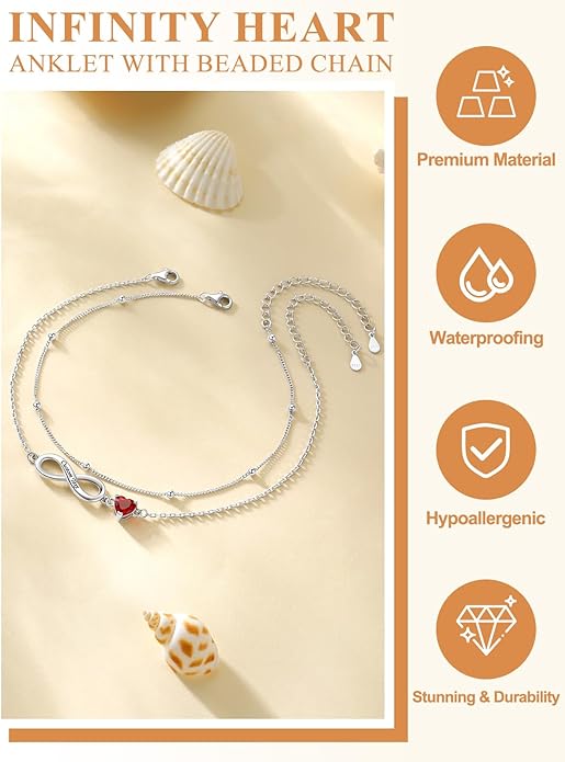 Custom4U Personalized Infinity Ankle Bracelets for Women 925 Sterling Silver Anklet Bracelet Endless Love Symbol Birthstone Charm Adjustable Foot Chain Jewelry Mothers Day Gifts for Mom Wife Women Her