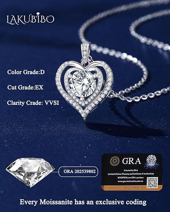 Moissanite Heart Necklace for Women, 1-2 Carat Moissanite Necklace Engraved with 'I LOVE YOU', Anniversary Birthday Gifts for Women,Mom, Girlfriend, Jewelry Gifts for Christmas Valentine's Day