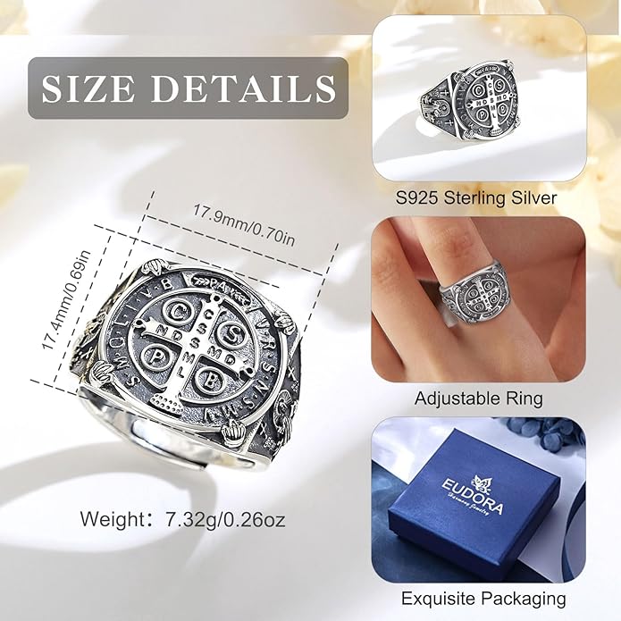 EUDORA S925 Sterling Silver St Benedict Ring San Benito Rings for Women Men, Vintage Ankh Cross Ring Saint Benedict Amulet Adjustable Rings Gifts for Women Mens Father Mother