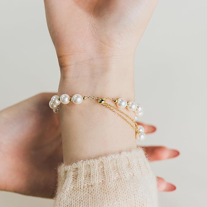Cowlyn Pearl Bracelets for Women - Dainty 14K Gold Plated Beaded Pearl Link Chain Birthday Christmas Jewelry Gifts for Women