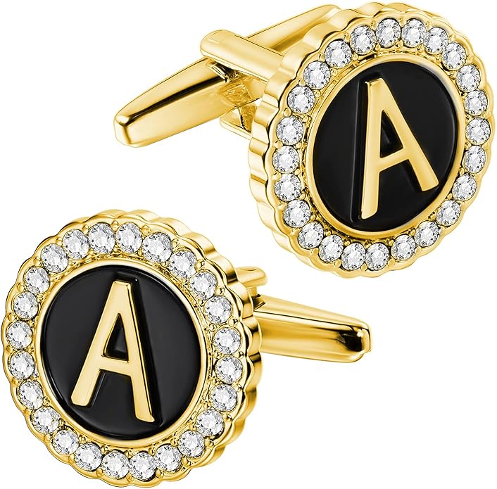 HAWSON A-Z Initial Cufflinks for Men and Women with Clear Crystal, Gold Silver Color Rasied Letter A-Z Cuff Links for French Shirt, Gift for Normal and Business Wearing