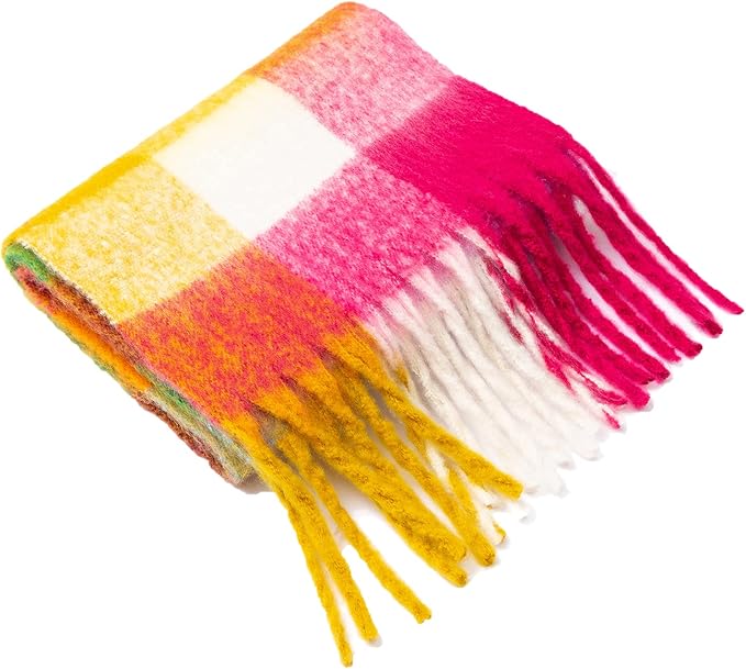 SHOHOKU Large Chunky Plaid Scarf Coloured Checked Oversized Scarf Tassel Soft Fall Winter Thick Warm Shawl Women
