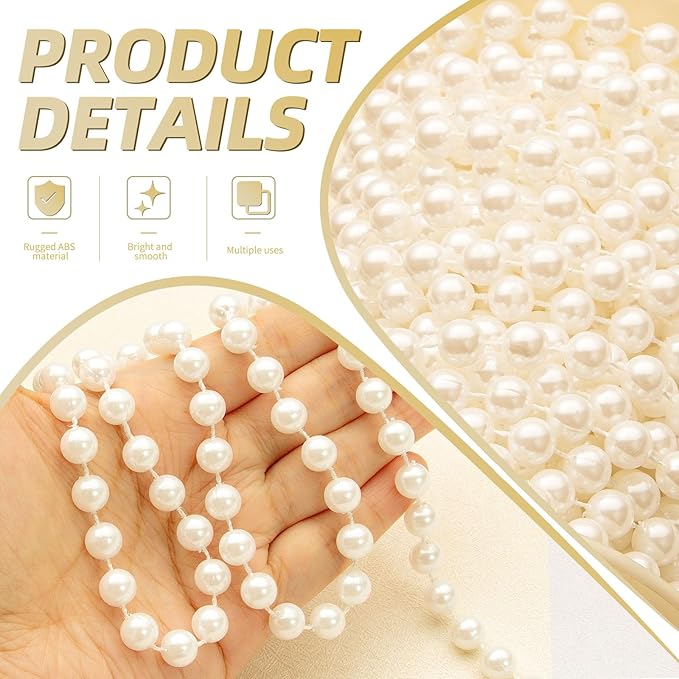 ZPEXRV 48 Feet Faux Pearl Beads Garland 8mm Craft String Pearls for Wedding Centerpiece Christmas Tree and Flowers Decoration DIY (Ivory)