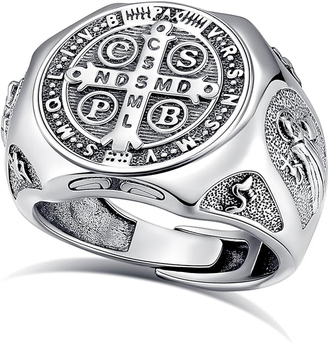 EUDORA S925 Sterling Silver St Benedict Ring San Benito Rings for Women Men, Vintage Ankh Cross Ring Saint Benedict Amulet Adjustable Rings Gifts for Women Mens Father Mother
