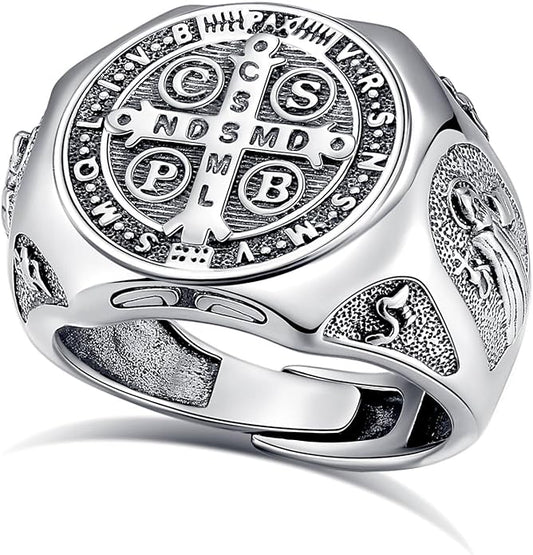 EUDORA S925 Sterling Silver St Benedict Ring San Benito Rings for Women Men, Vintage Ankh Cross Ring Saint Benedict Amulet Adjustable Rings Gifts for Women Mens Father Mother