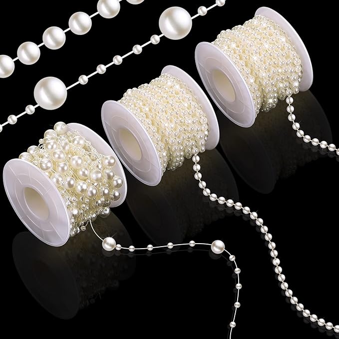 Bonuci 3 Rolls 66 Feet Pearls String Garland Faux Pearl Garland Spool Roll Strand Decoration Artificial Beads Chain Trim for Crafting String of Flowers Valentine Wedding Party(Ivory,4mm)