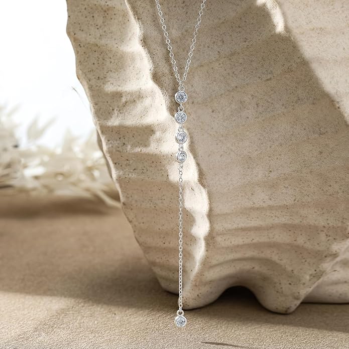 Foxgirl Lariat Gold Necklace for Women, Dainty Long Necklace 14k Gold Plated/Silver Y-Shaped Pendant Necklace Trendy Layered Cz Beaded Chain Drop Necklaces Simple Gold Jewelry For Women Gift