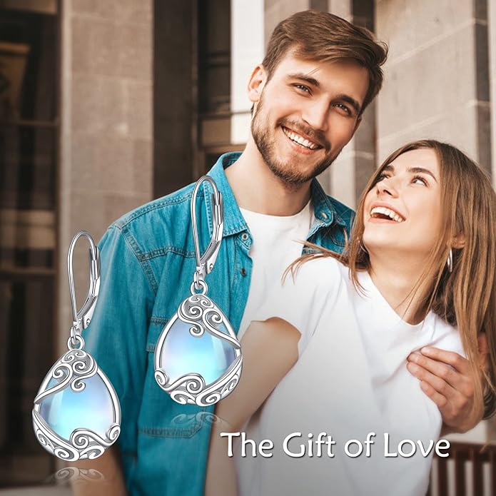 Moonstone Filigree Drop Dangle Teardrop Earrings 925 Sterling Silver Moonstone Leverback Earrings for Women Jewelry Gifts