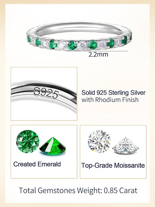 CYW Moissanite Sapphire Ruby Emerald Hand Setting Full Eternity Rings for Women, Solid 925 Sterling Silver, Stackable Ring, Wedding Birthday Valentines Anniversary Mothers Day Ideal Gift for Her