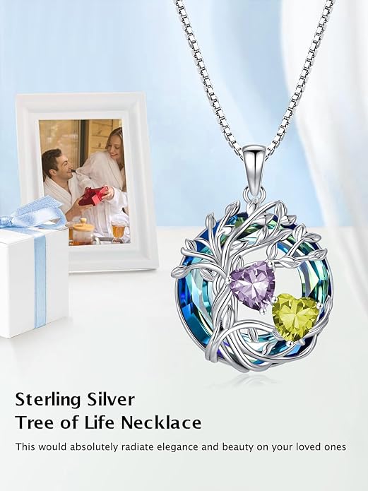 TOUPOP s925 Sterling Silver Family Celtic Tree of Life Pendant Necklaces with 2 Heart Birthstone with Blue Austrian Crystal Jewelry Birthday Anniversary Christmas Gifts for Her Wife Girlfriend Mom (18K Real White Gold Filled)