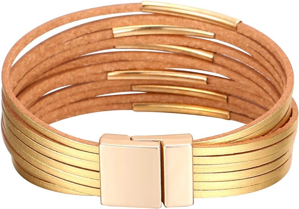 Fesciory Leather Wrap Bracelets for Women, Boho Leopard Multi-Layer Crystal Beads Cuff Bracelet Jewelry