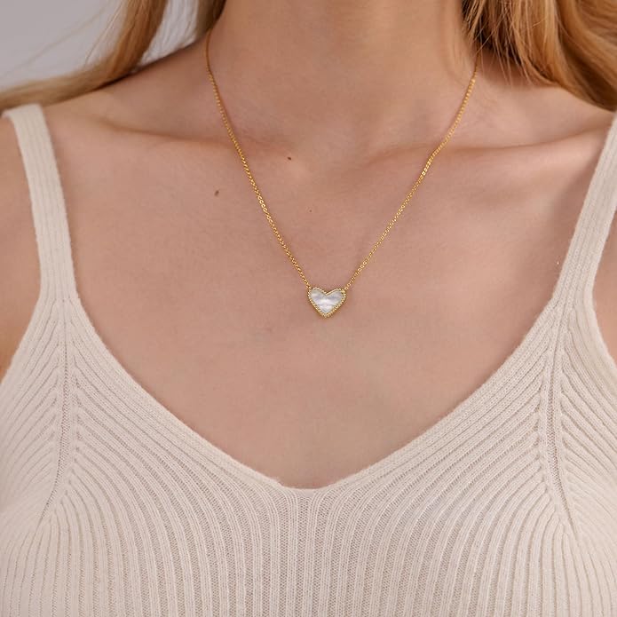 Heart Necklace for Women Dainty 14K Gold Filled Necklace Cute Heart Pendant Adjustable Chain Necklace Trendy Non Tarnish Gold Mother of Pearl Necklace for Wedding Christmas Valentines Day Gifts