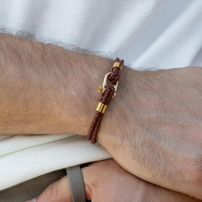 Elegatto Helix Premium Vintage Leather Bracelet for Men | Double Black Leather Strands with Sterling Silver Polished Mini Shackle Closure | Men’s Designer Jewelry