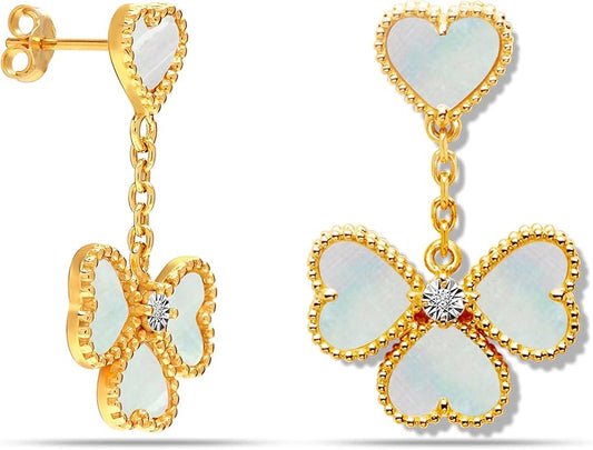 LeCalla 925 Sterling Silver Drop Earrings | Mother of Pearl Clover Earring | Mother of Pearl Stud Earring | Zirconia MOP Drop Dangle Hoop Earrings for Women