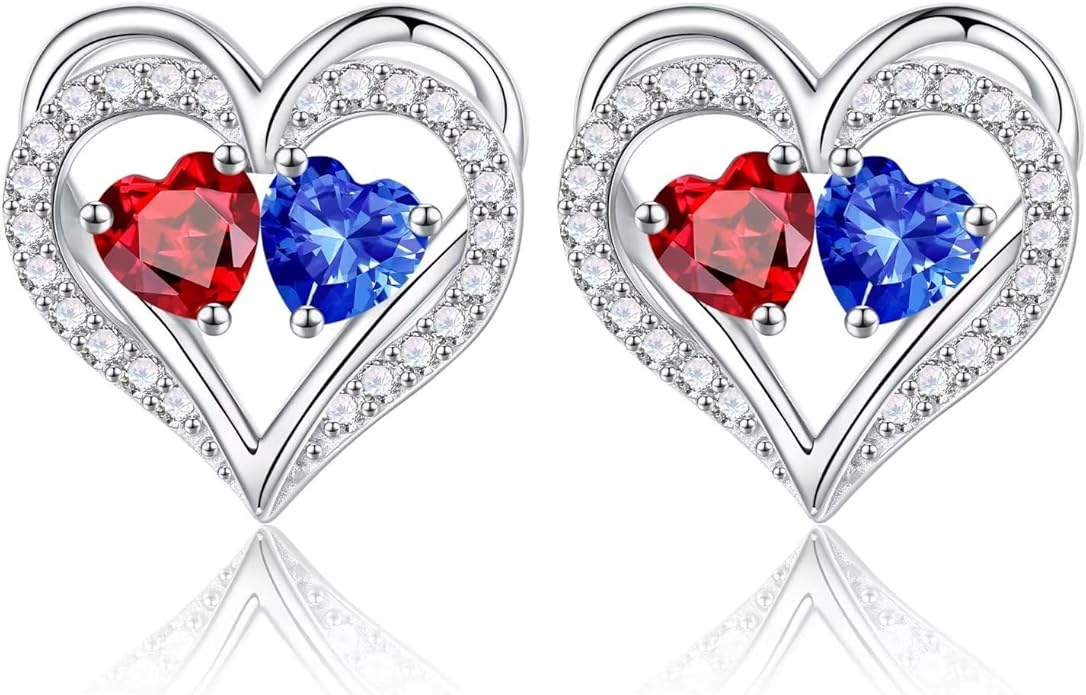 Iefil Birthstone Earrings for Women - 925 Sterling Silver Heart Earrings Anniversary Birthday Gifts for Women Wife Girlfriend Mom