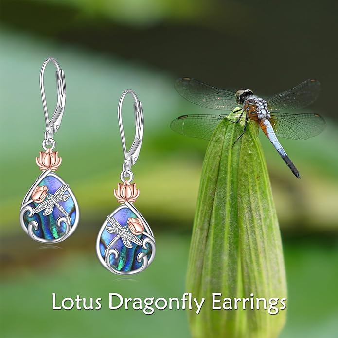 AOBOCO Butterfly/Dragonfly/Bee/Ladybug Leverback Earrings 925 Sterling Silver Rose Lotus Tulip Flower Filigree Dangle Earrings Teardrop Moonstone Larimar Turquoise Abalone Shell Jewelry Birthday Gifts for Women