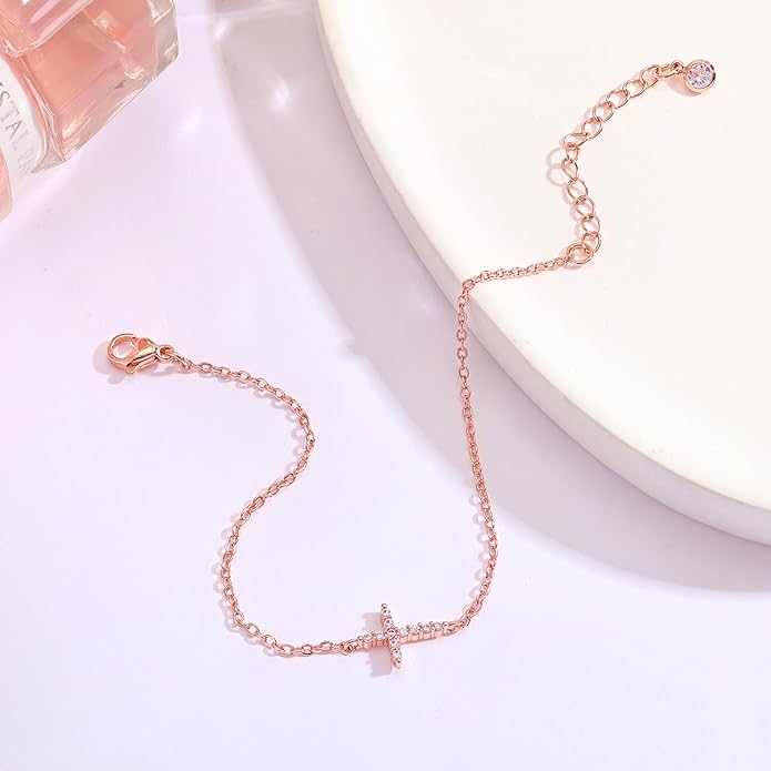 Moodear Christmas Gifts Sotcking Stuffers, Dainty 925 Sterling Silver/14k Gold Plated CZ Cross Bracelet Layered Snake Pearl Chain Knot Bracelets for Women Trendy Religious Christian Jewelry