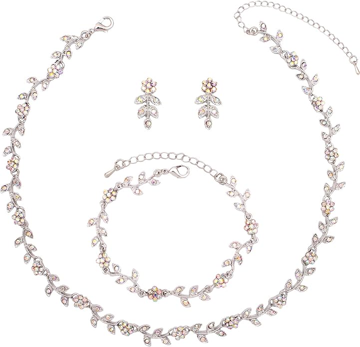 Austrian Crystal Rhinestone Choker Necklace Dangle Earring Link Bracelet Jewelry Set for Brides Bridesmaid Prom Costume Accessories for Women