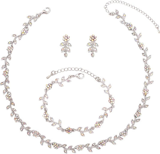 Austrian Crystal Rhinestone Choker Necklace Dangle Earring Link Bracelet Jewelry Set for Brides Bridesmaid Prom Costume Accessories for Women