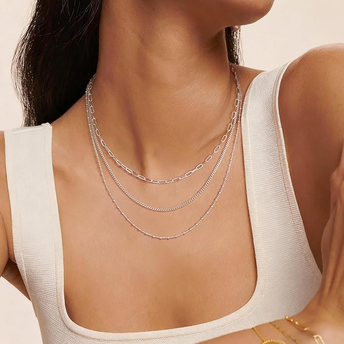 Layered Gold Necklace for Women Dainty 14K Gold/Silver Plated Stacked Necklace for Women Trendy Cuban Paperclip Herringbone Chain Diamond Pendant Necklaces Jewelry Set Accessories Gift