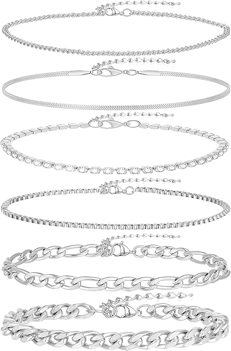 6PCS 18k Gold Plated Stainless Steel Ankle Bracelets for Women Waterproof Layered Herringbone Figaro Bead Paperclip Rope Tennis Box Cuban Link Rolo Satellite Chain Anklets Set Gold Tone