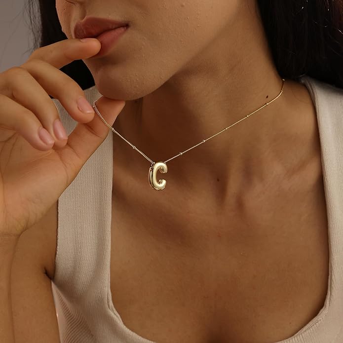 Initial Necklaces for Women, 14k Gold Plated Bubble Letter Necklace Chunky Gold Necklace Dainty Charm Initial Necklaces for Women Trendy Custom Preppy Stocking Stuff Necklace Christmas Gifts