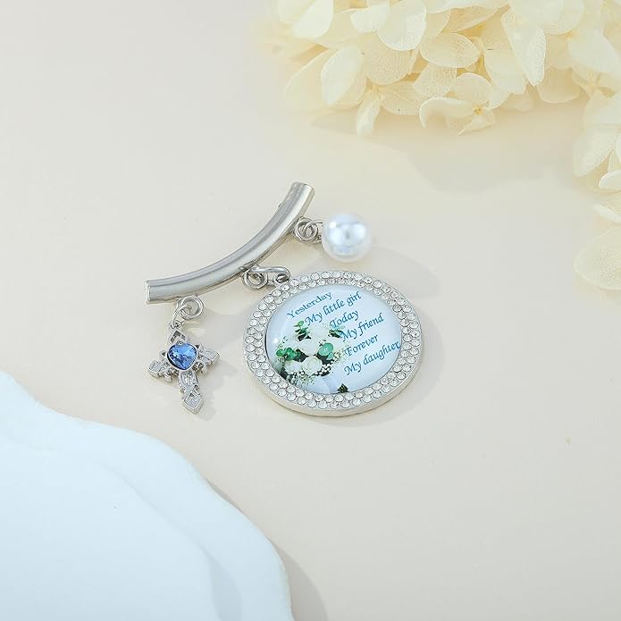 Wedding Bridal Pin, Something Blue Silver Crystal Brooch with Blue Heart Charm, Pearl Accent and Sentimental Message for Mother of Bride Gift