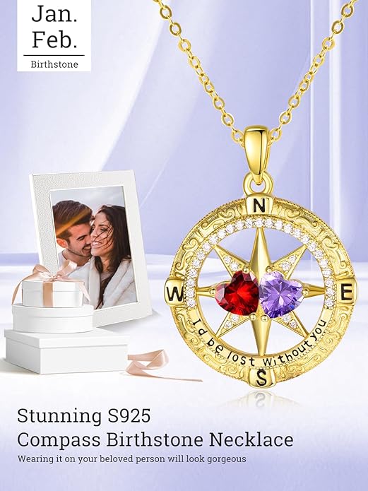 Zeuslia Double Birthstone Necklace Gifts for Wife - 925 Sterling Silver Sunflower/Rose/Crown Cross/Compass/Heart Pendant I Love You Necklace, Anniversary Birthday Gifts for Wife Girlfriend Mom Her