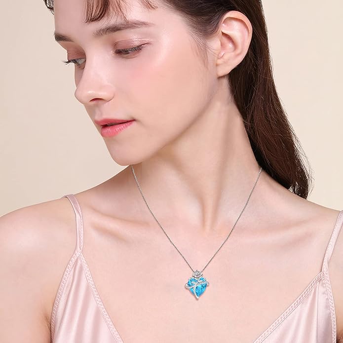 Birthstone Necklace for Women 925 Sterling Silver Love Heart Rose Flower Necklace Dainty Jewelry Gifts for Women Wife Girlfriend Mother Daughter Her