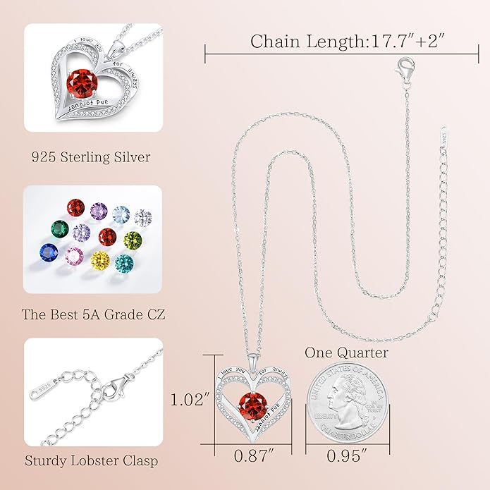 LOUISA SECRET Love Heart Birthstone Necklaces for Women, Birthday Gift for Girlfriend, Anniversary Jewelry Gift for Wife Her, 925 Sterling Silver Women Pendant Necklace, Mother's Day Christams Gift