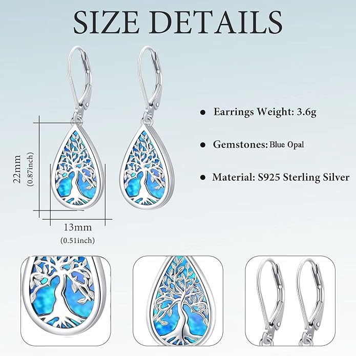 Tree of life Dangle Earrings Sterling Silver Moonstone/Turquoise/Malachite Earrings for Women Filigree Leverback Earrings Jewelry Gifts